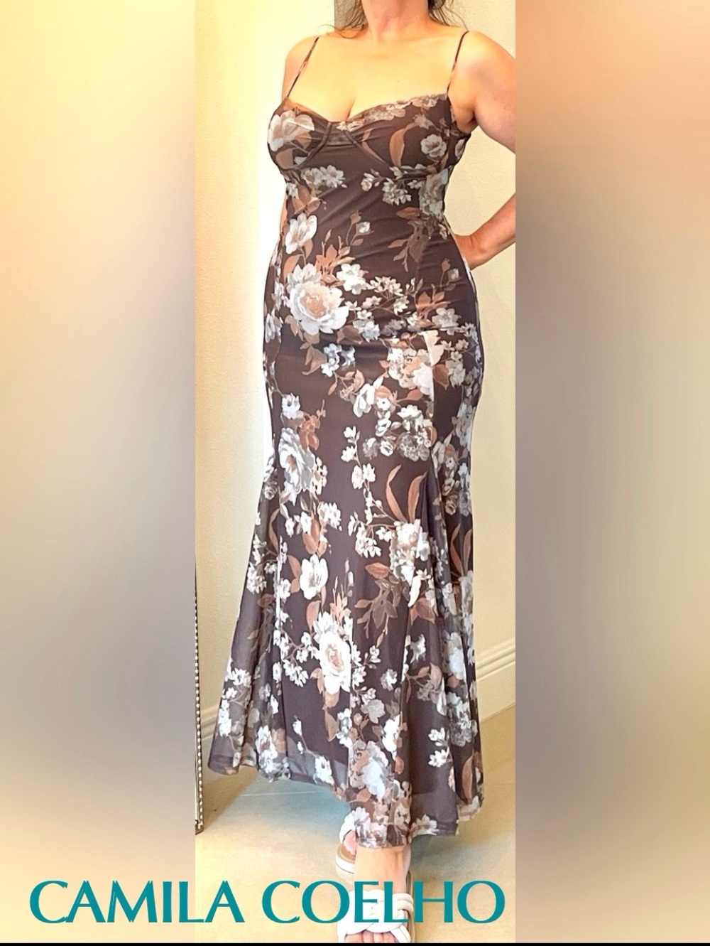 Camila Coelho Revolve Floral Mesh Spaghetti Underwire Bustier Maxi dress size L